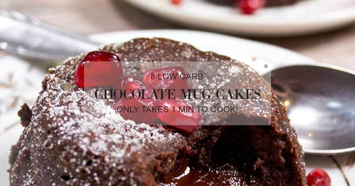chocolate mug cake keto collage image on a white dish with berries on top