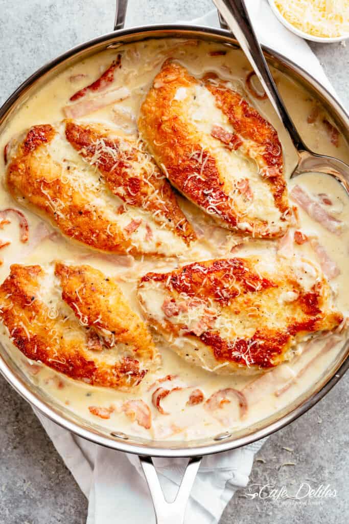 keto chicken carbonara is an easy keto chicken breast recipe in a skillet