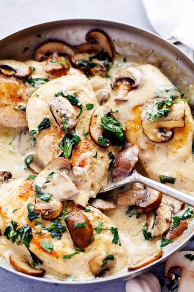 keto chicken breast recipes like creamy parmesan garlic mushroom chicken in a skillet ready to serve