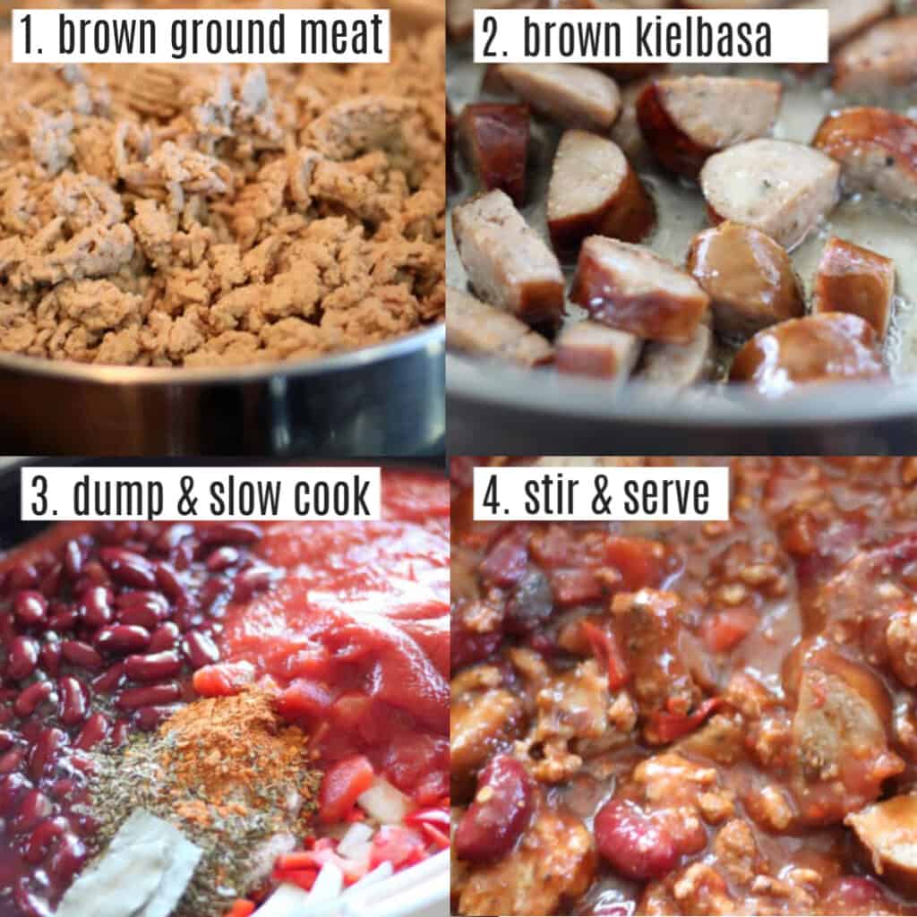 kielbasa sausage chili recipe steps in a collage, brown the meat, dump into crockpot, stir, and serve