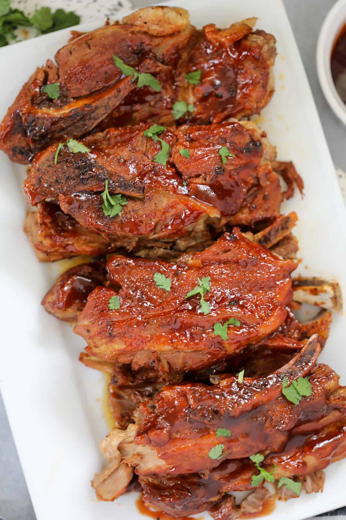 instant pot country ribs on a white platter after cooking