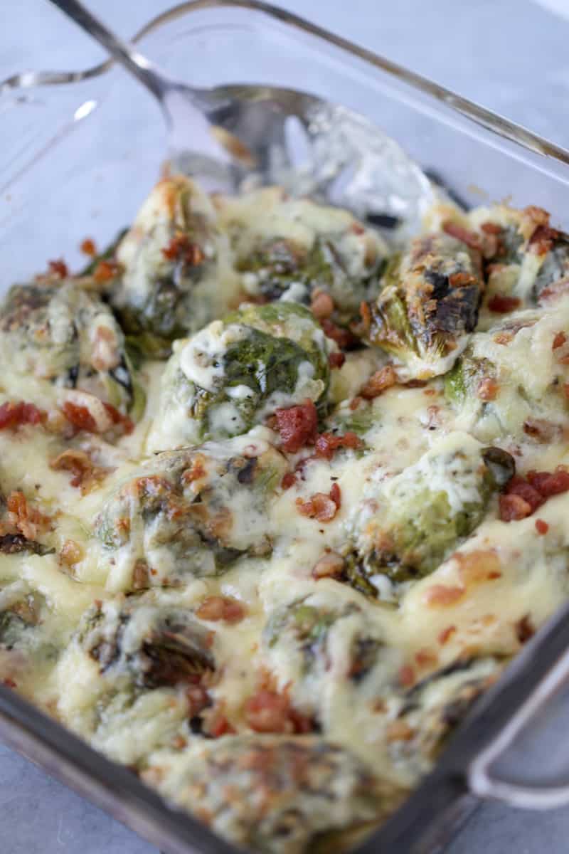 keto brussel sprouts au gratin with bacon ready to serve after cooking