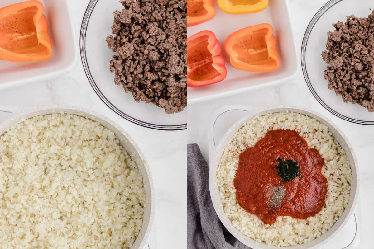 cooking the cauliflower rice and adding the marinara sauce