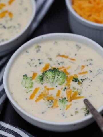 cheddar broccoli soup instant pot recipe closeup view with spoon