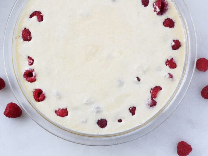 low carb egg custard pie filling getting poured into a baking dish