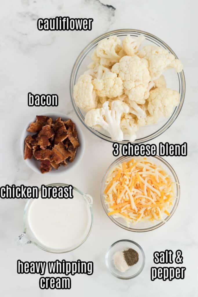 baked cauliflower casserole ingredients on a white background