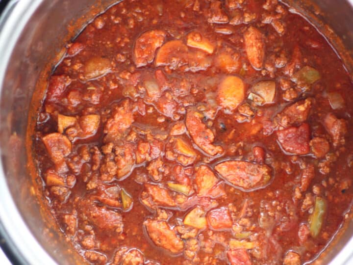 a pot of cooked beanless chili in the pot