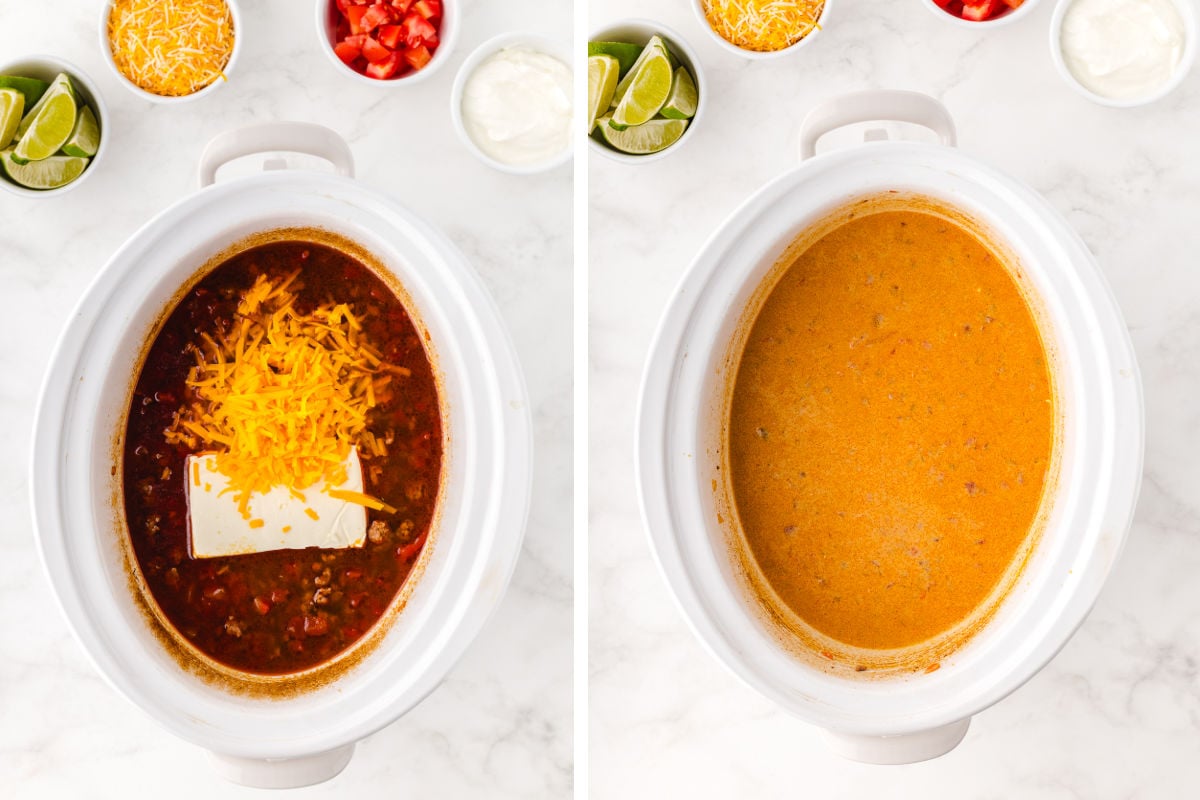 stirring the cream cheese and cheddar cheese into the creamy taco soup