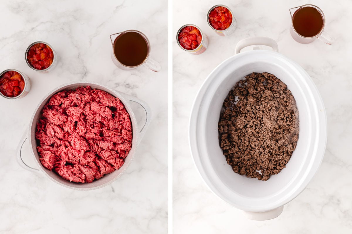 brown the ground beef and transfer it to the slow cooker