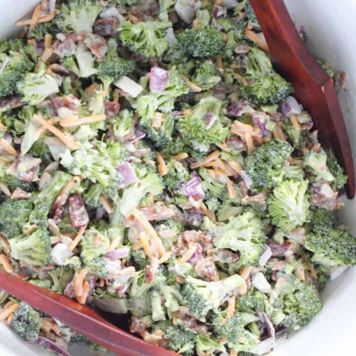keto broccoli salad closeup image in a bowl