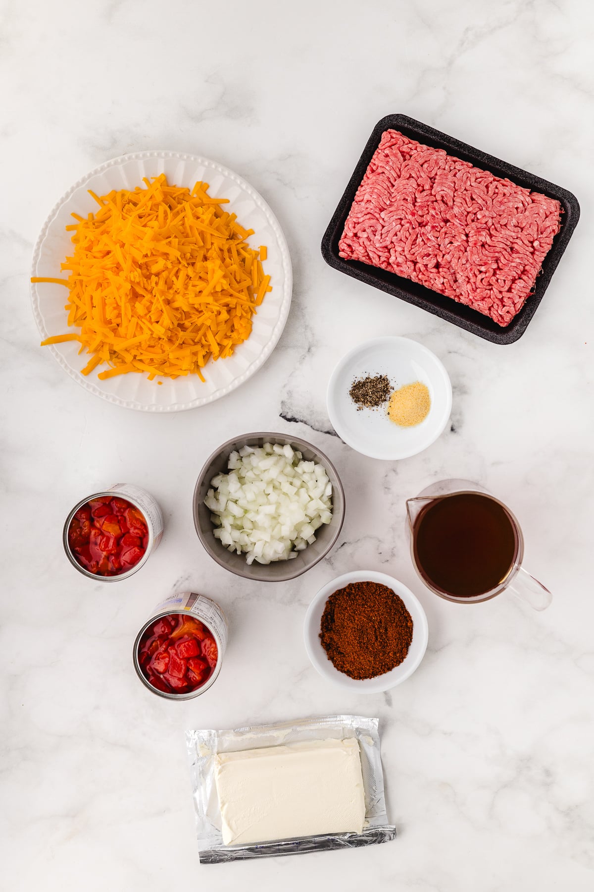 taco soup ingredients on a marble cutting board
