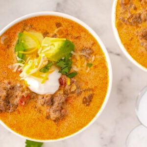 close up of keto taco soup after cooking in the slow cooker
