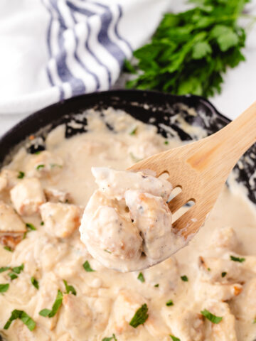 keto alfredo sauce on a spoon with chicken