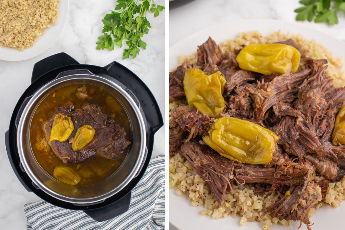 cooking the pot roast in a pressure cooker and shredding the meat