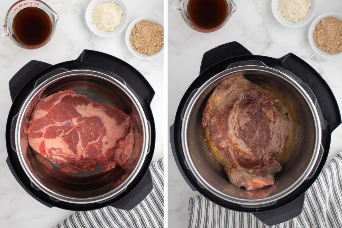 searing the beef chuck roast in the instant pot