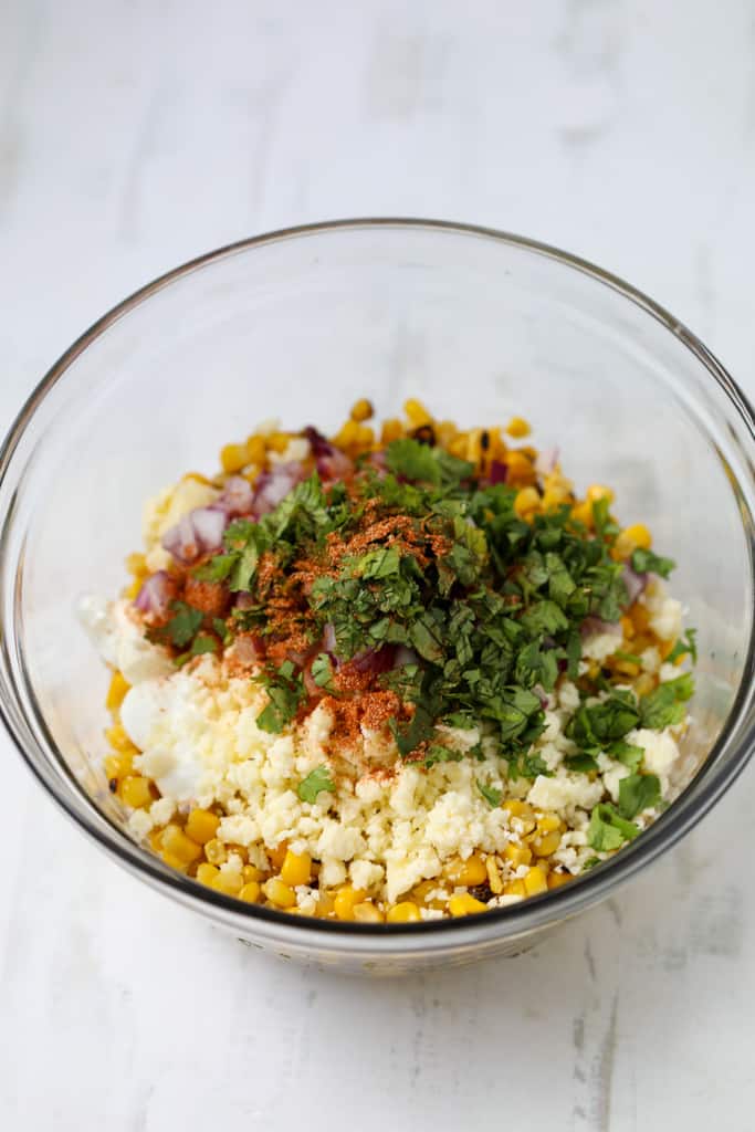corn esquites recipe in a bowl before mixing