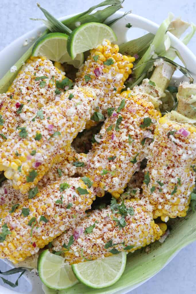 mexican street corn recipe on a platter