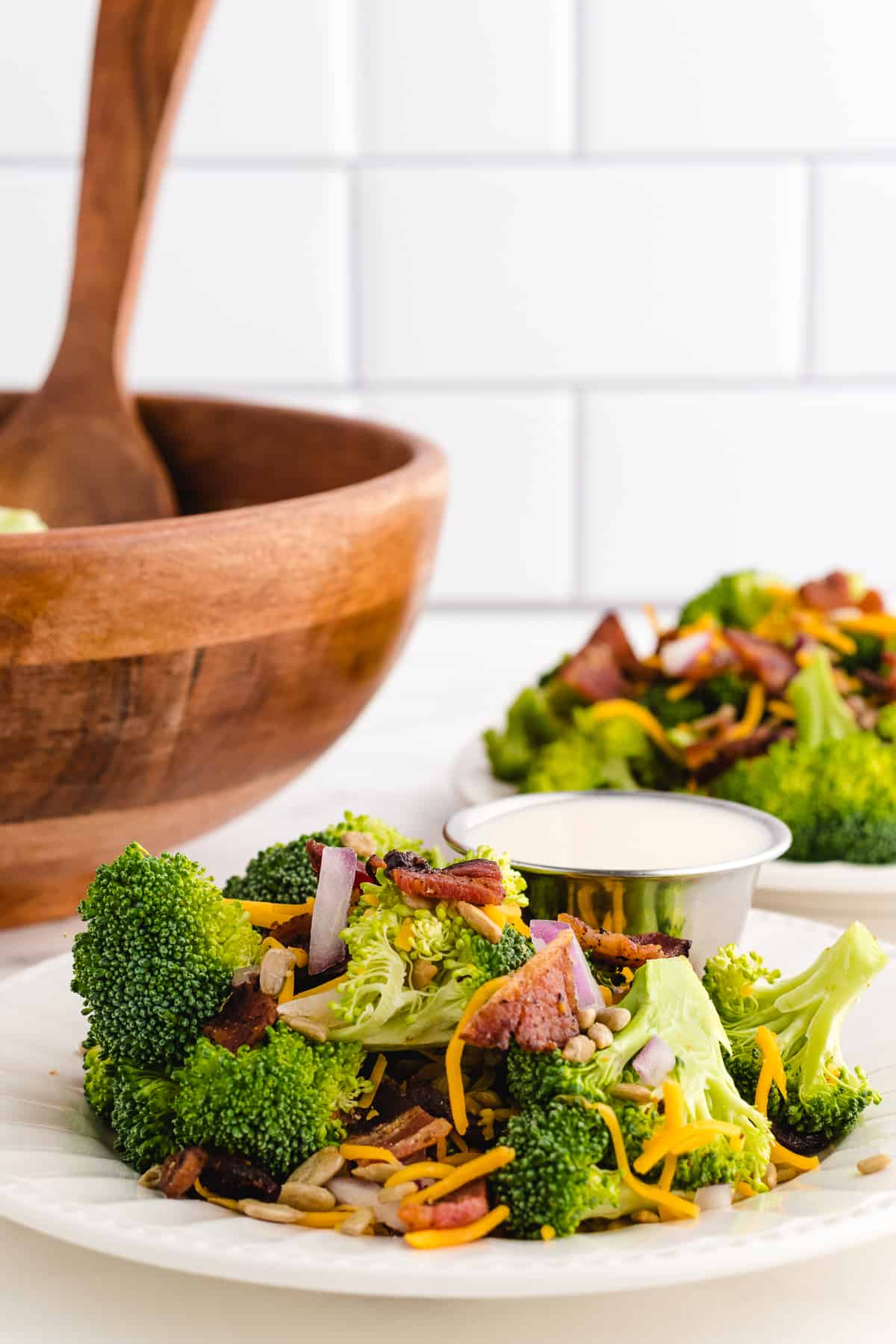 cold broccoli salad in a bowl with bacon and cheese
