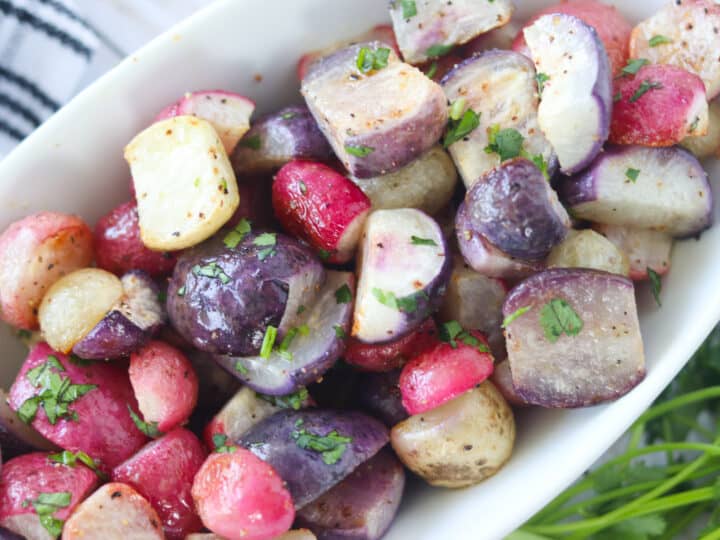 keto roasted radishes close up image with seasoning