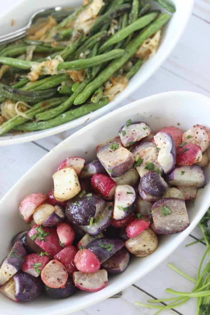 a roasted and cooked radish recipe served alongside green beans