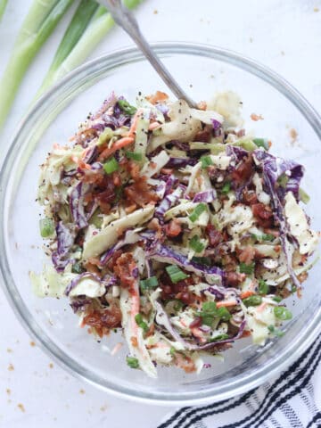 keto coleslaw with bacon in a bowl ready to serve