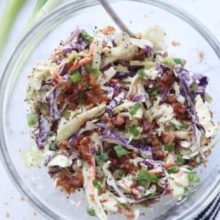 keto coleslaw with bacon in a bowl ready to serve
