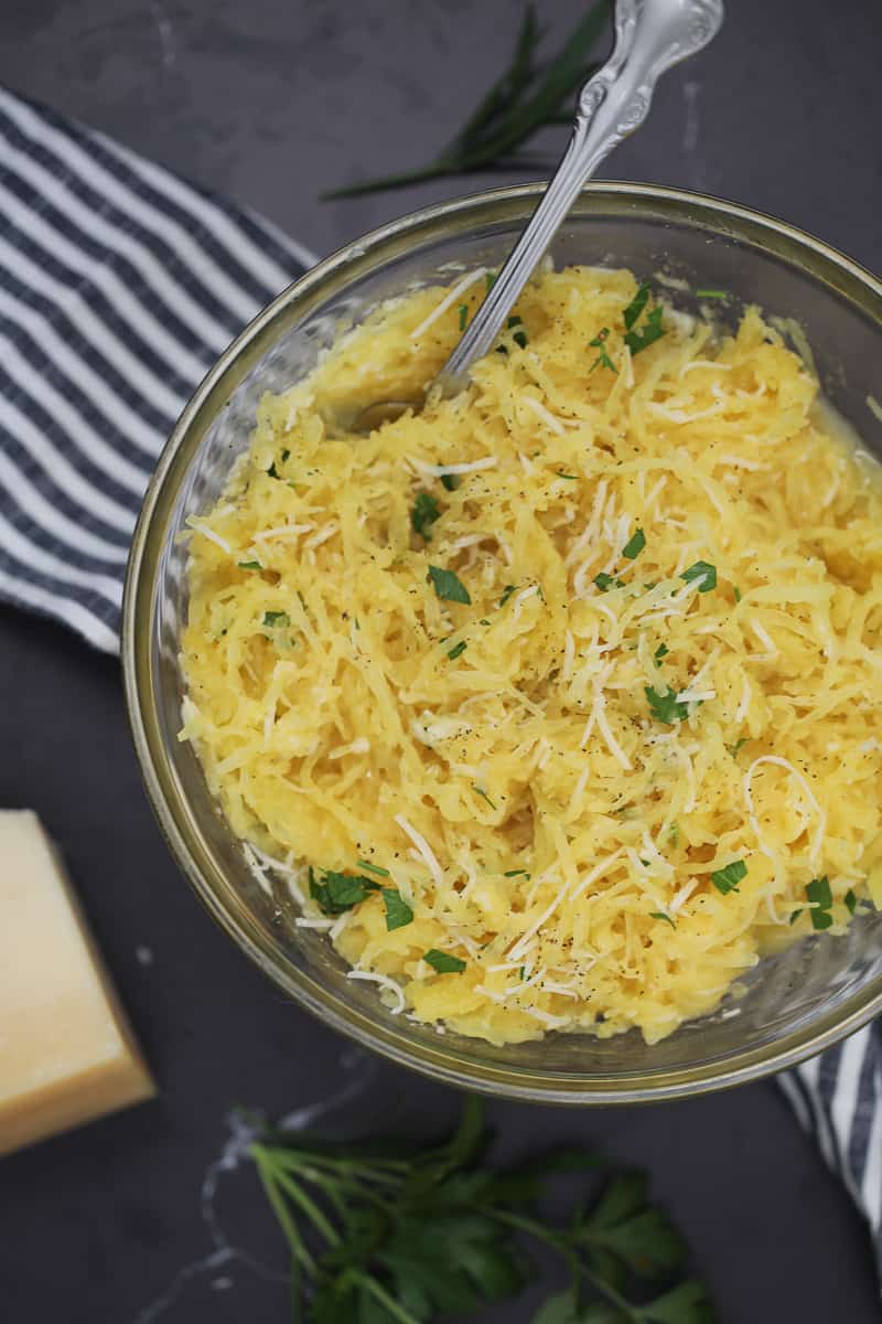 spaghetti squash instant pot recipe in a bowl with parmesan on top