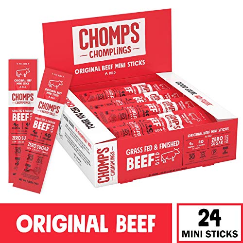 Image for CHOMPS MINI Grass Fed Beef Jerky Meat Snack Sticks, Keto, Paleo, Whole30 Approved, Low Carb, High Protein, Gluten Free, Sugar Free, Non-GMO, 40 Calories 0.5 Oz Stick, Original Beef 24 Pack