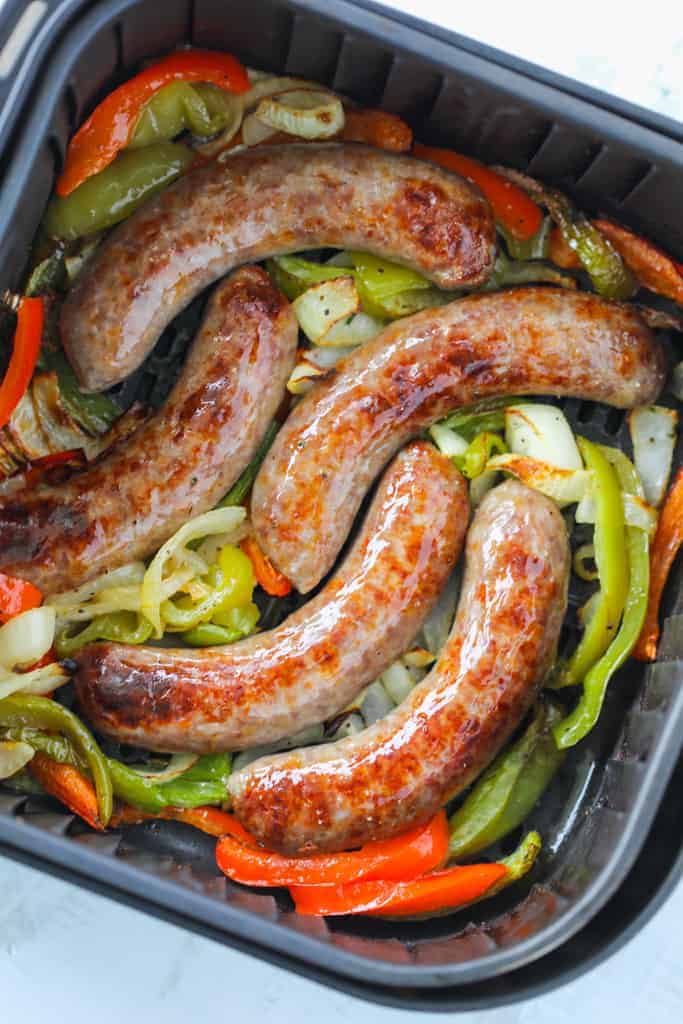 air fryer brats and peppers after cooking