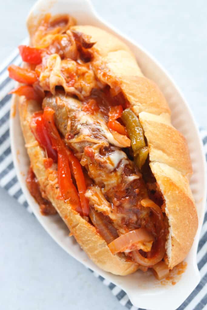 instant pot sausage and peppers on a bun