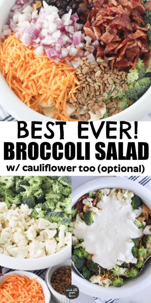 broccoli cauliflower bacon salad pin for social media