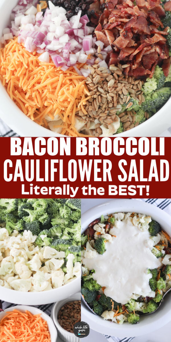 broccoli and cauliflower bacon salad pin for Pinterest