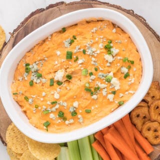 our buffalo chicken dip without ranch made with real chicken and cream cheese on a tray top down view