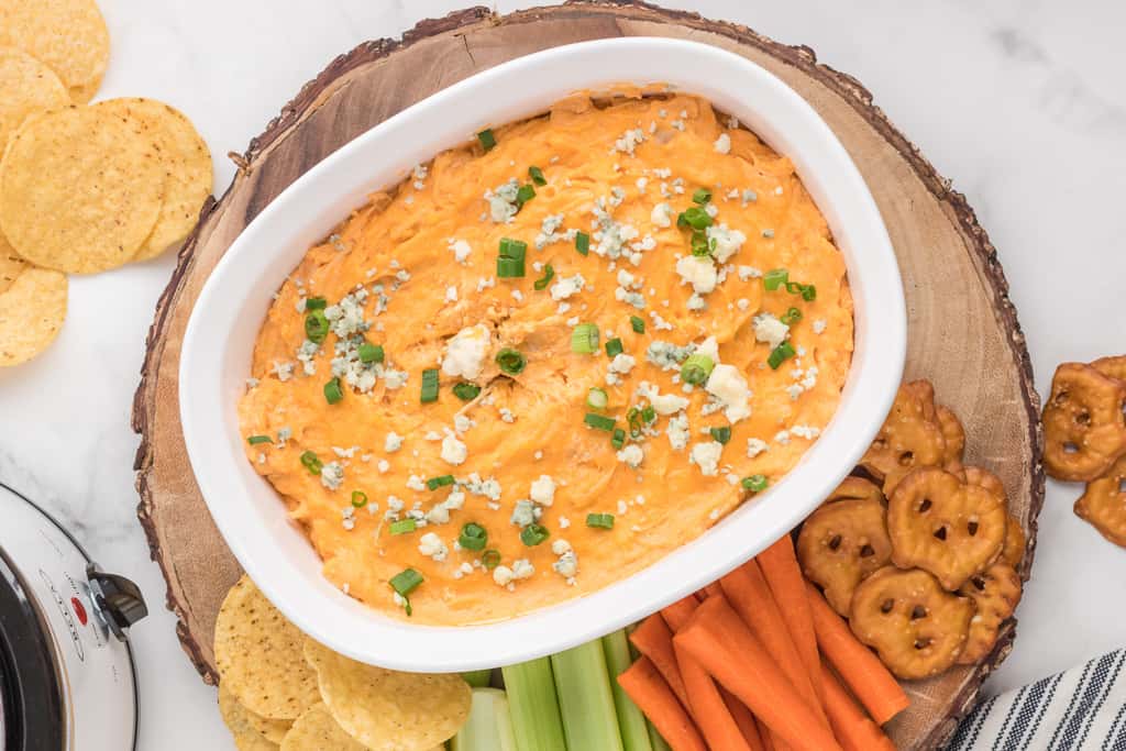 our buffalo chicken dip without ranch made with real chicken and cream cheese on a tray top down view