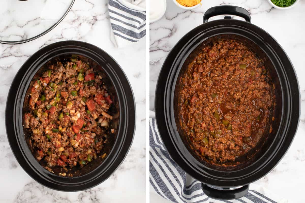 combining the chili ingredients and then slow cooking them in a crockpot