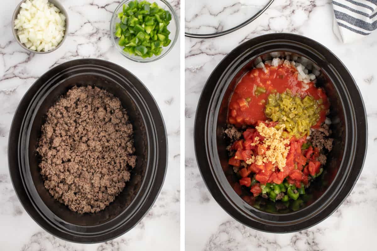 browning the meat and adding it to the slow cooker with vegetables and seasonings