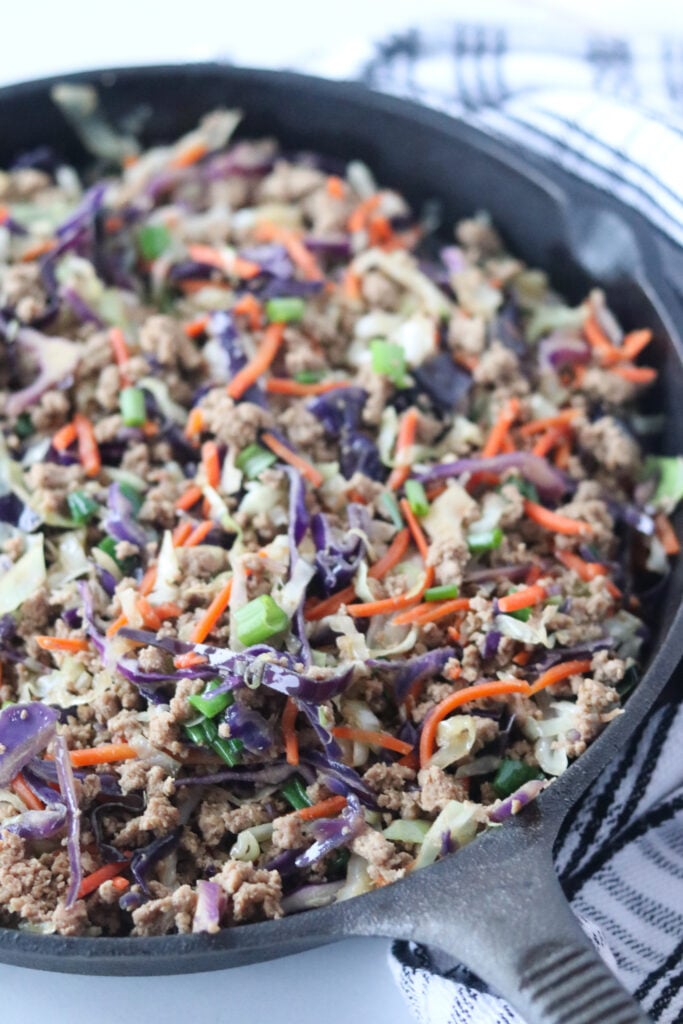 the crack slaw keto recipe in a cast iron skillet after cooking