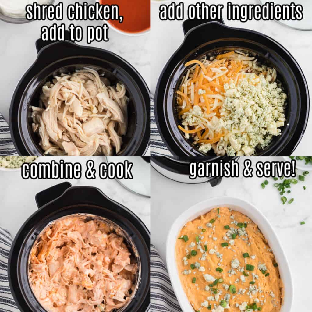 how to make shredded chicken buffalo dip recipe steps collage