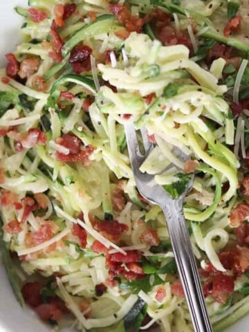 keto carbonara with zucchini noodles in a bowl