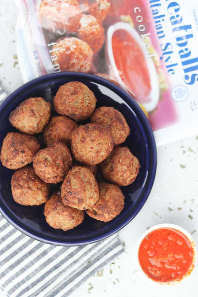 frozen-meatballs-air-fryer recipe after cooking with marinara and the package