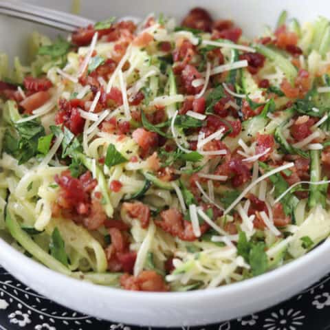 keto carbonara in a white bowl ready to eat
