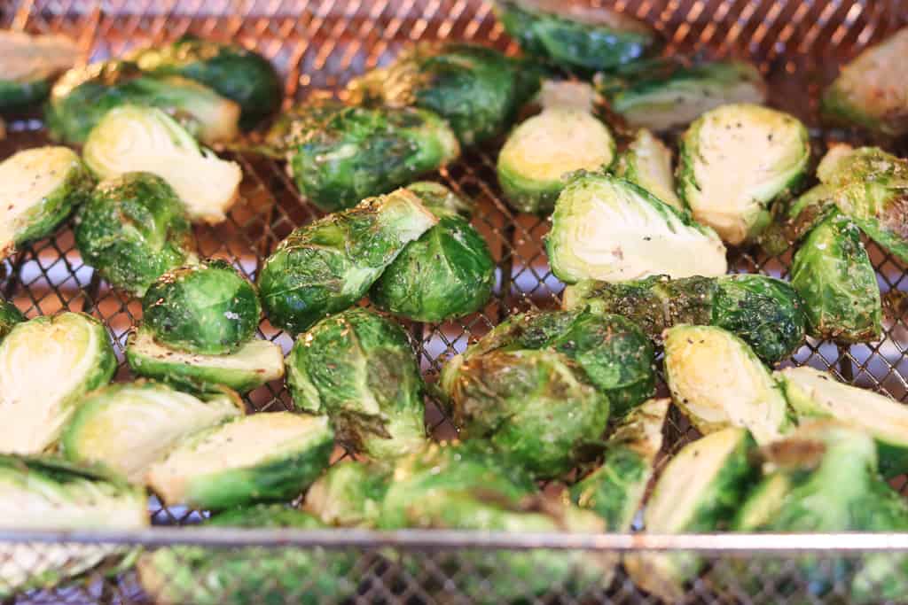 air fryer frozen brussels sprouts on a air fryer oven tray