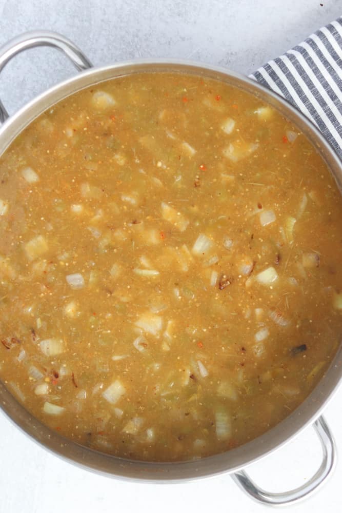 add the green chilis for the keto white chicken chili