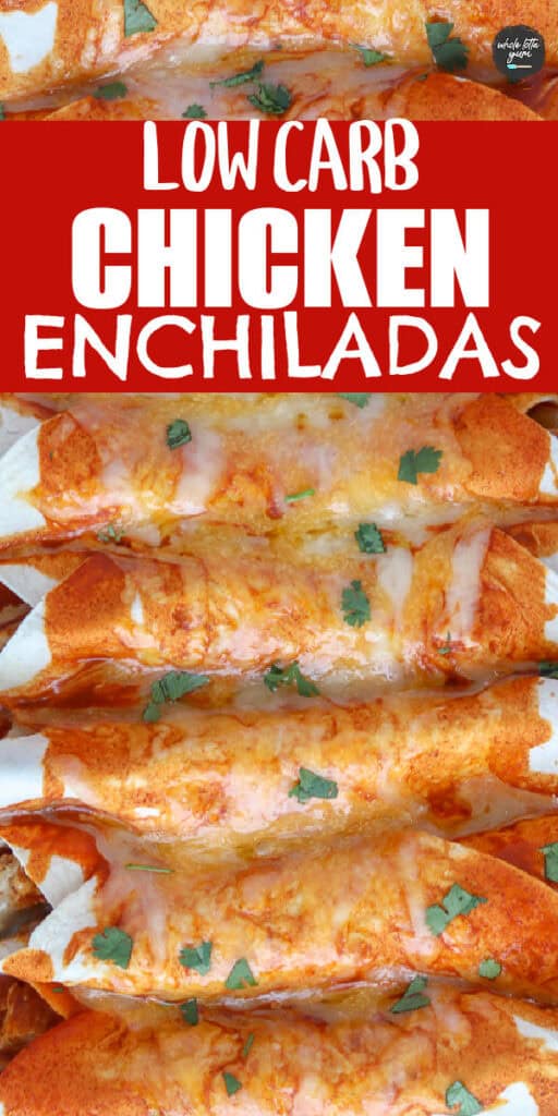 close up of cheesy keto enchiladas with red sauce in a pan