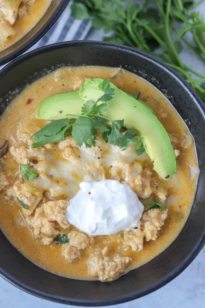 keto chicken chili in a black bowl