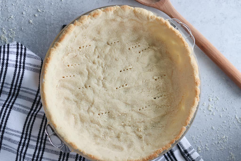 low carb pie crust recipe after baking on a gray background