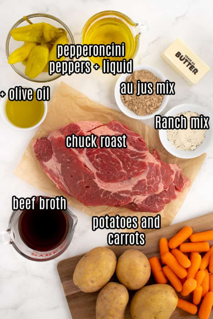 mississippi pot roast with potatoes ingredients on a white counter