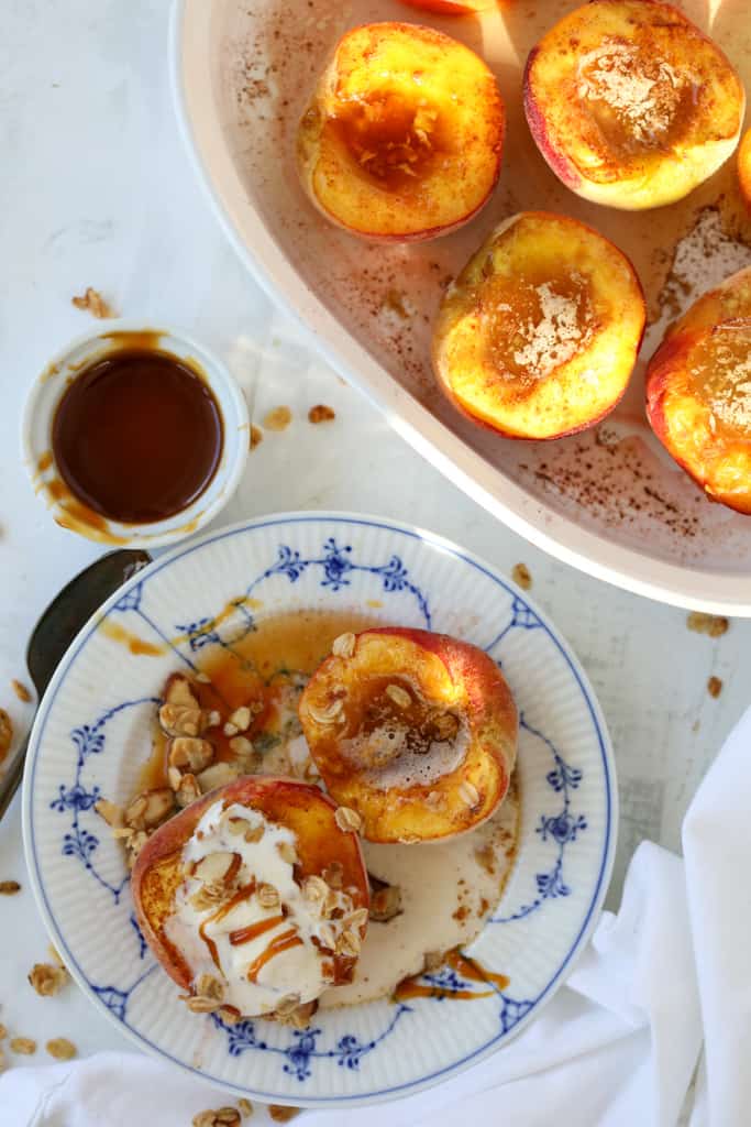roasted peaches recipe with ice cream granola and caramel sauce