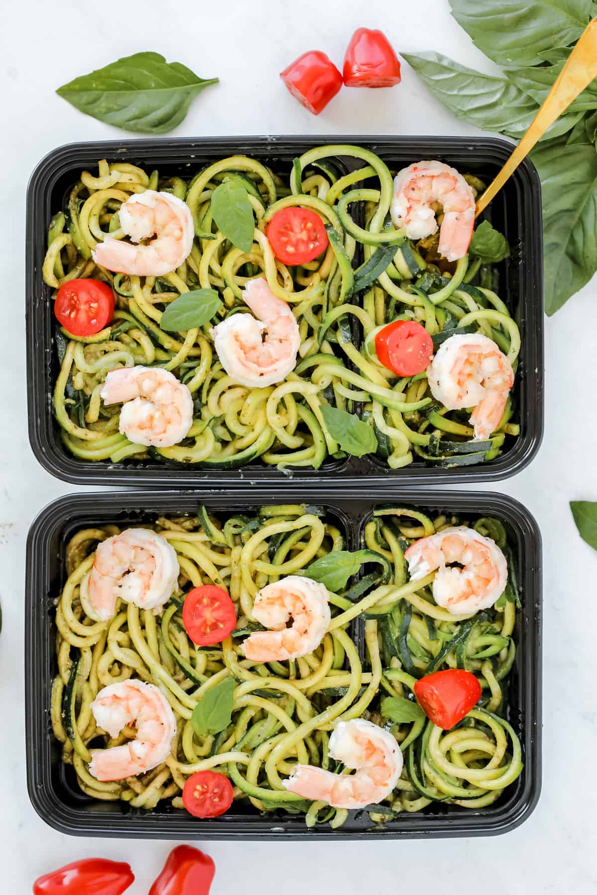 zucchini noodles with shrimp in meal prep containers
