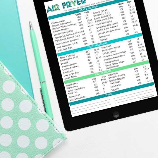 printable air fryer cook times chart showing on an ipad screen